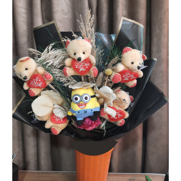 Dried Flowers Bouquet with Mini Teddy Bears and Minions