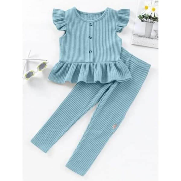 Kathryn Kids Girls Butterfly Sleeves Ruffle Hem Top and Pants Set - Aqua