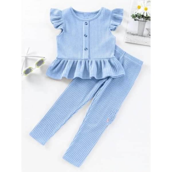 Kathryn Kids Girls Butterfly Sleeves Ruffle Hem Top and Pants Set - Light Blue