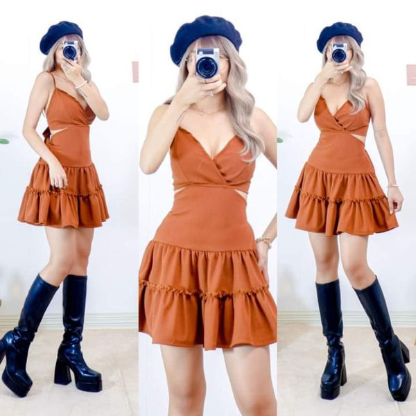 Lovely Tie-Back Layered Dress - Rust