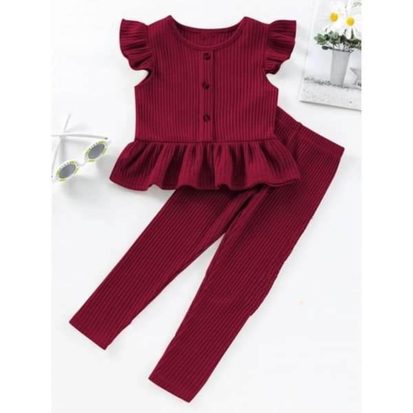 Kathryn Kids Girls Butterfly Sleeves Ruffle Hem Top and Pants Set - Maroon