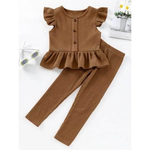 Kathryn Kids Girls Butterfly Sleeves Ruffle Hem Top and Pants Set - Brown