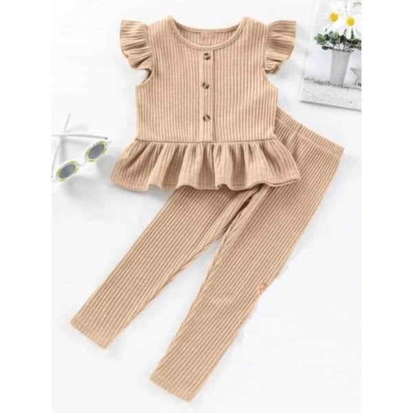 Kathryn Kids Girls Butterfly Sleeves Ruffle Hem Top and Pants Set - Nude