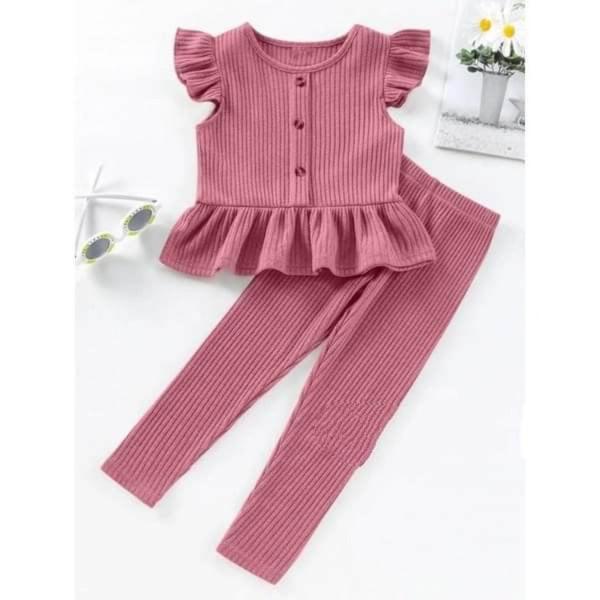 Kathryn Kids Girls Butterfly Sleeves Ruffle Hem Top and Pants Set - Pink