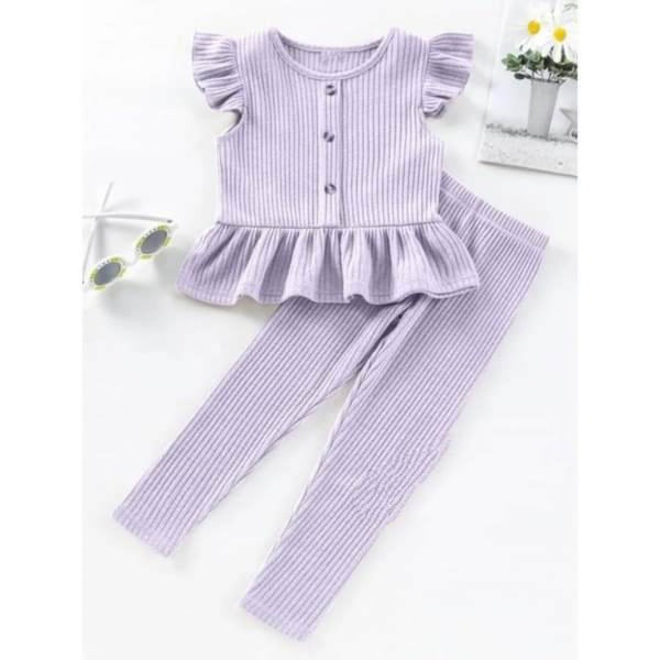 Kathryn Kids Girls Butterfly Sleeves Ruffle Hem Top and Pants Set - Purple