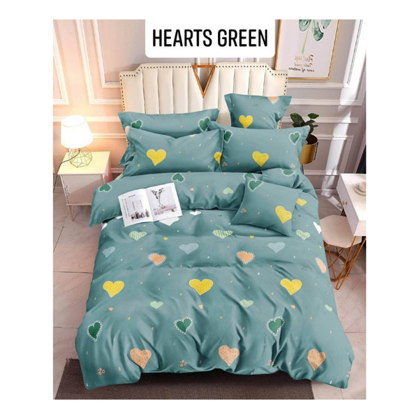 Bedsheet with Pillow Case - Family(54x75) - HEARTS GREEN