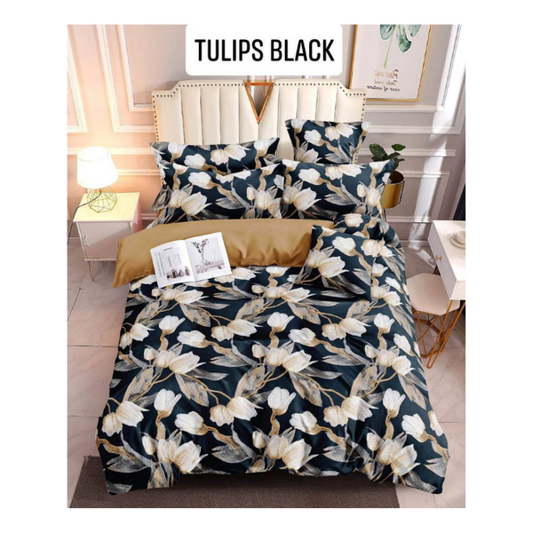 Bedsheet with Pillow Case - Double(48x75) - TULIPS BLACK