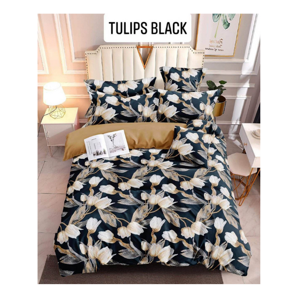 Bedsheet with Pillow Case - Family(54x75) - TULIPS BLACK
