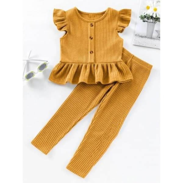 Kathryn Kids Girls Butterfly Sleeves Ruffle Hem Top and Pants Set - Mustard