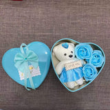 Heart with Mini Teddy Bear and Flowers - Blue