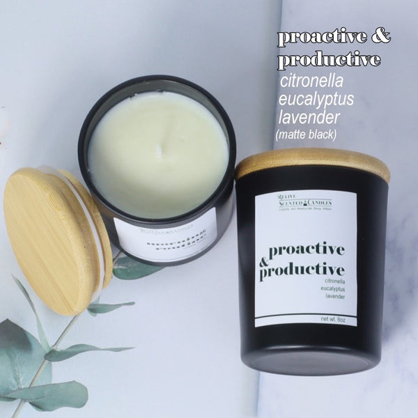 Scented Soy Wax Candle | Fusion of Citronella + Eucalyptus + Lavender (Proactive & Productive) | Matte Black 6oz-Relive Scented Candles-ANEC Global