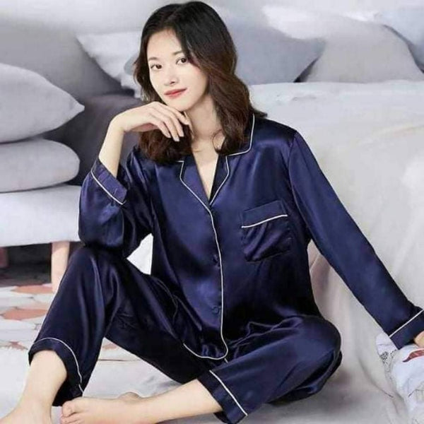 Terno Silk Pajama Long Sleeves - Navy Blue