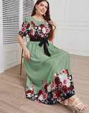 Plus Size Floral Long Dress - Green