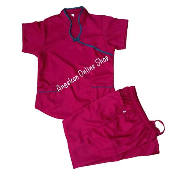 Scrub Suit Chinese Collar with Piping - Red