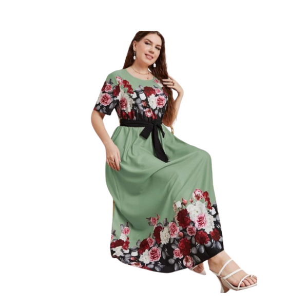 Plus Size Floral Long Dress - Green