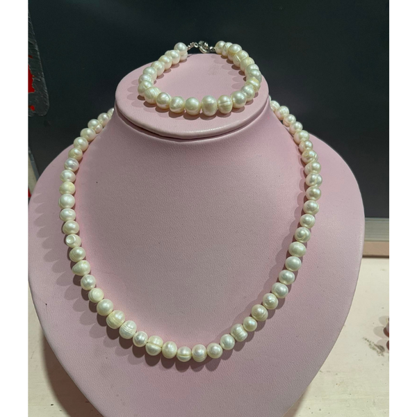 Pearl Necklace and Bracelet with Free Earrings - White