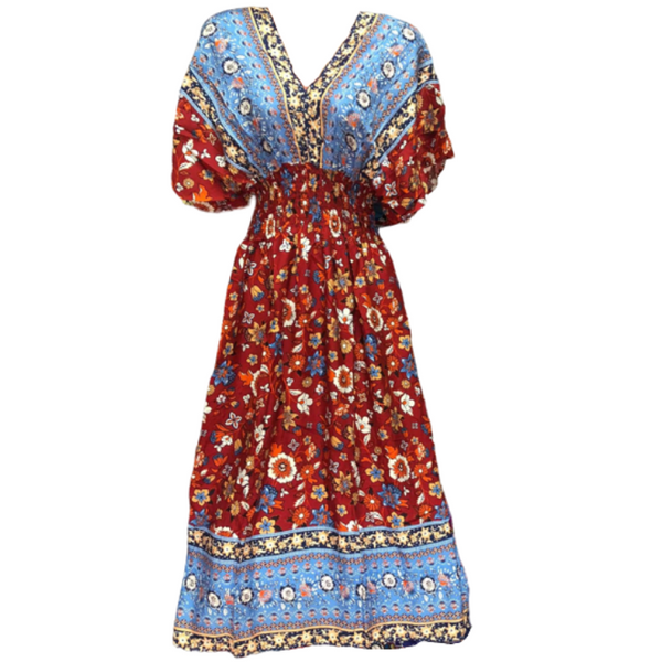 Kaftan Dress - Red with Light Blue