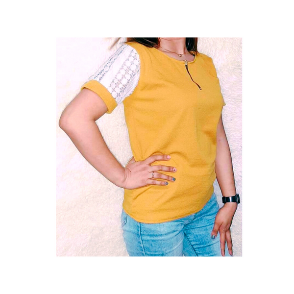 Zipper Lace Blouse - Mustard