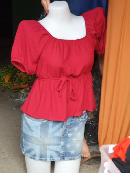 Red Blouse with Maong Skirt