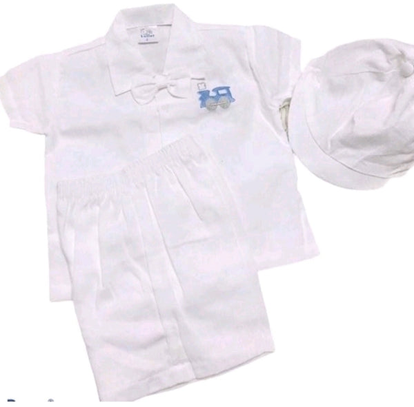 JD's Baby World - Elegant Christening polo Terno with bow  tie set - Train Design - 3-6 months