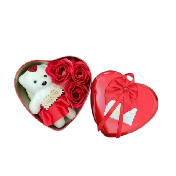 Heart with Mini Teddy Bear and Flowers - Red