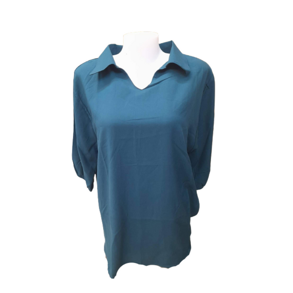 Blouse with Collar 3/4 - Plus Size - Blue