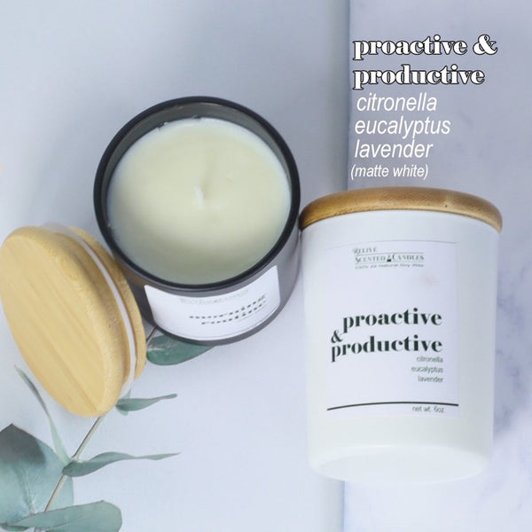 Scented Soy Wax Candle | Fusion of Citronella + Eucalyptus + Lavender (Proactive & Productive) | Matte White 6oz-Relive Scented Candles-ANEC Global