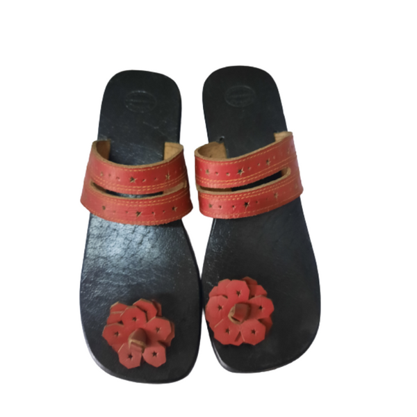 Leather Sandals for Women - Red - Flower Design